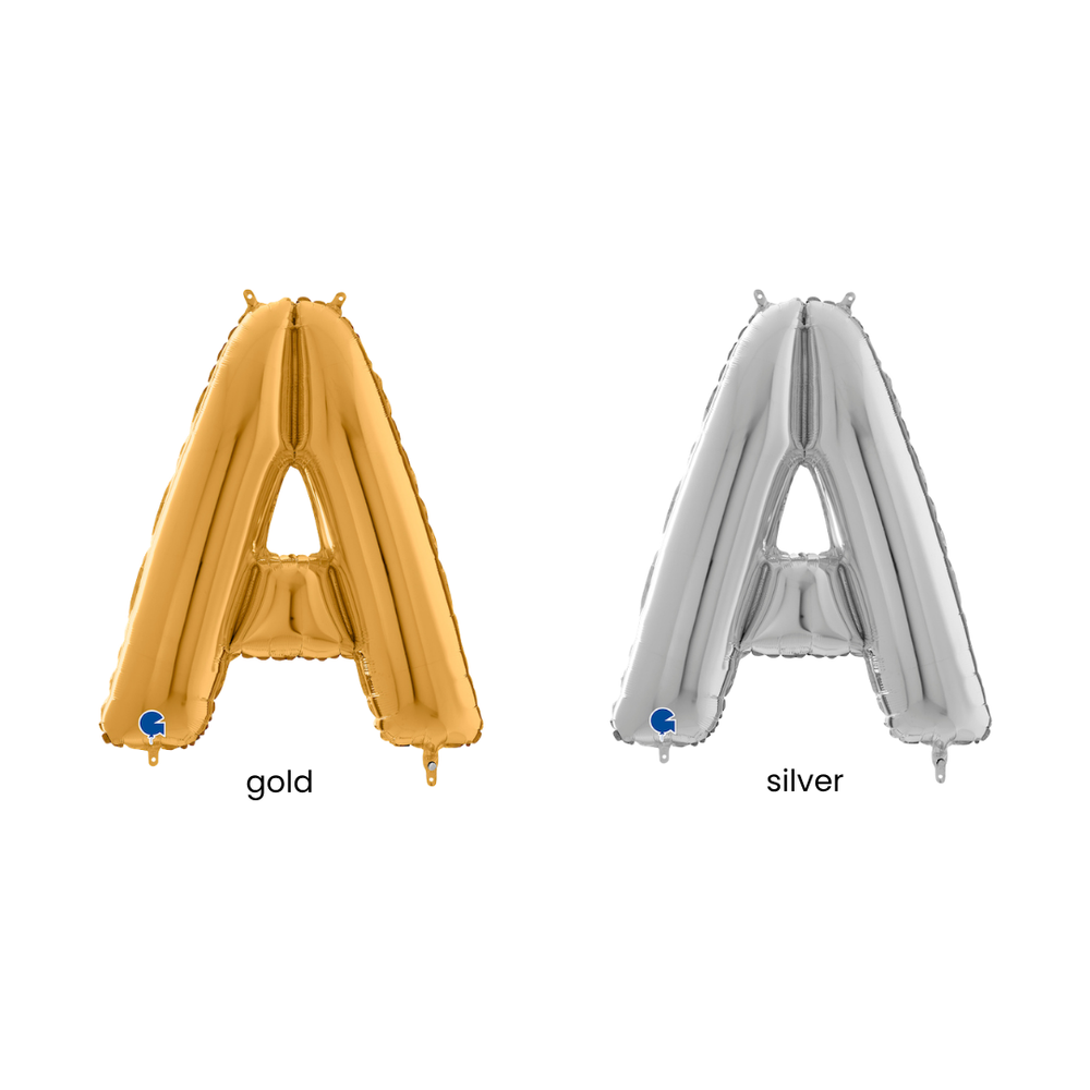 Gold and silver letter 'A' balloons on a white background