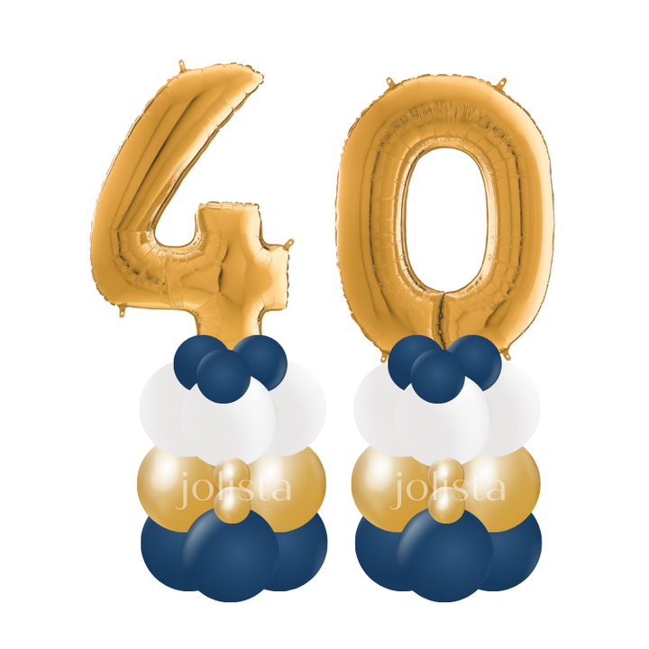 Gold, white, and blue number '40' balloons on a white background