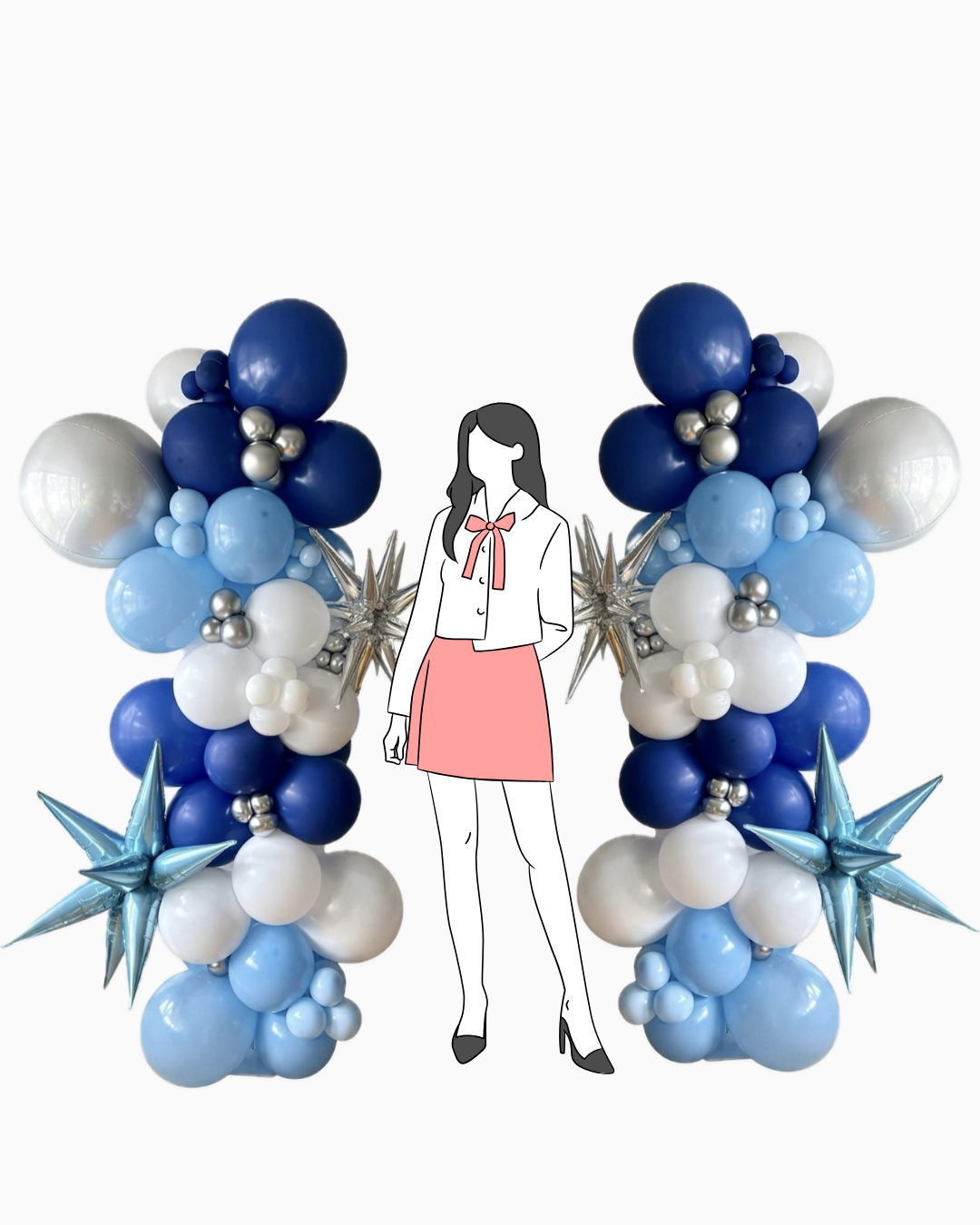 pair of organic balloon column arrangement with metallic star shaped 3D balloons starbursts and orbz (sphere) balloon and a female figure to show the height of the coumns relative to an average height  female person on a light grey background, the columns about one balloon height above the top of her head