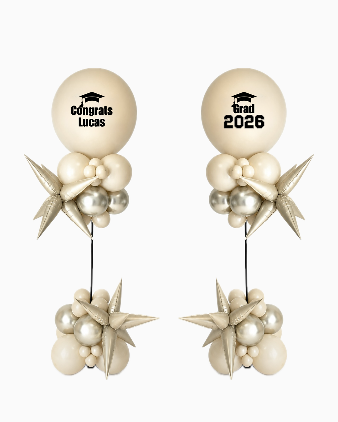 Graduation-themed balloon columns with personalized text and starburst balloon accents on a white background