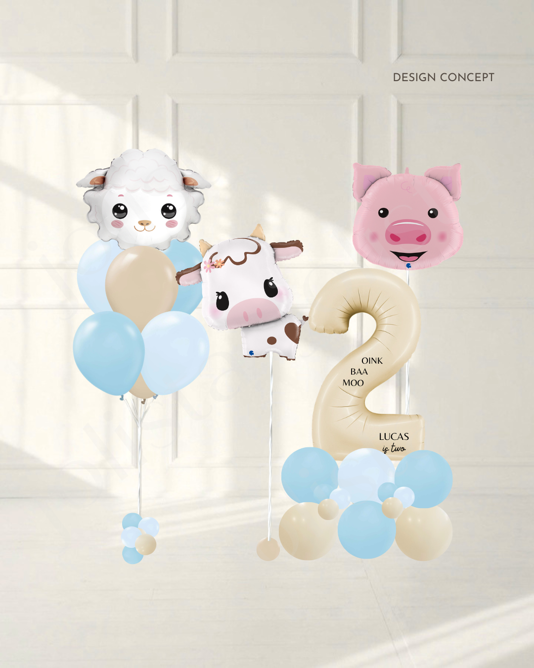 Blue and beige helium bouquet with sheep, and a cow balloon, a pig balloon, and a number column