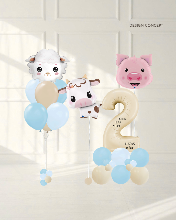 Blue and beige helium bouquet with sheep, and a cow balloon, a pig balloon, and a number column