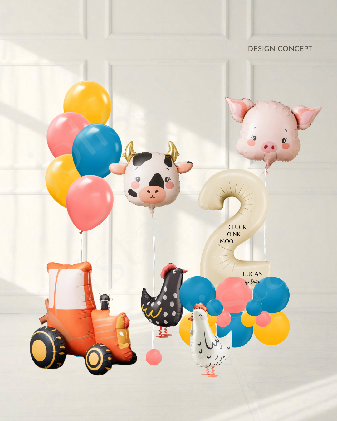 multi-colour balloon bouquet above a tractor foil balloon, and cow, pig, rooster, hen balloons and number column
