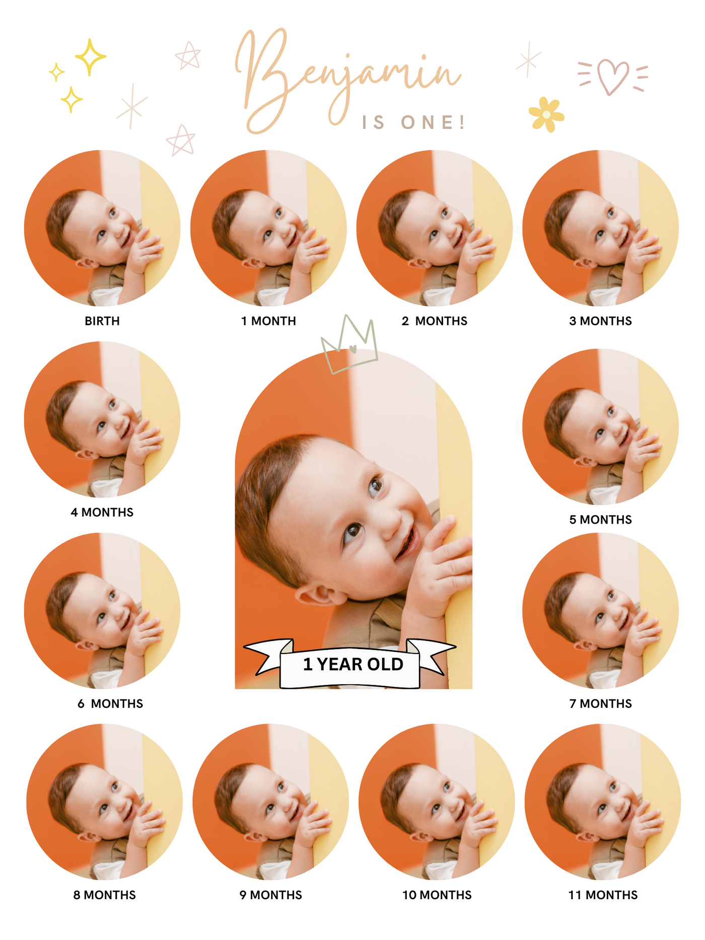 First Birthday 12 Month Photo Board, neutrals - Digital download