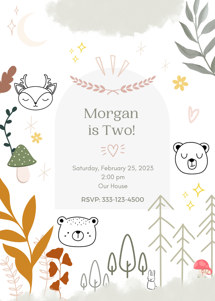 Woodland Party Invitation 5 x 7" - Digital download