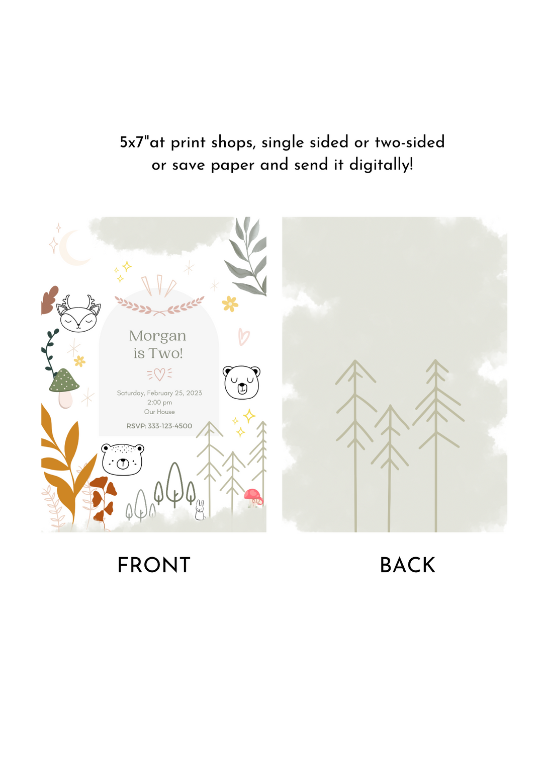 Woodland Party Invitation 5 x 7" - Digital download