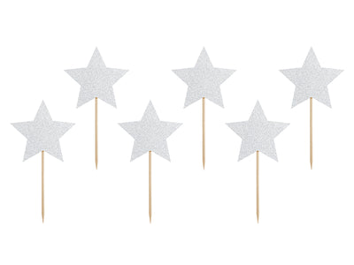 Cupcake toppers, silver stars (set of 6)